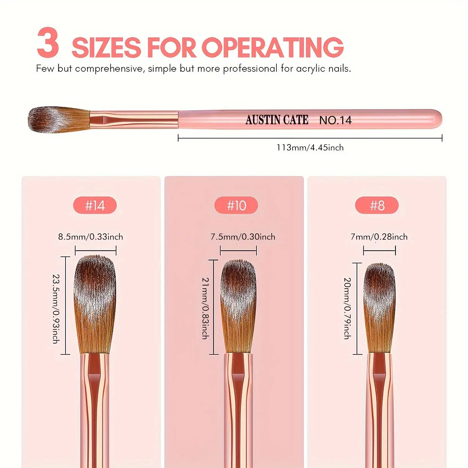 3Pcs/lot Professional Acrylic Powder Acrylic Nail Brush Set 20/20/23mm Pink Handle Nail Brushes Extension & Carving Nail Brush