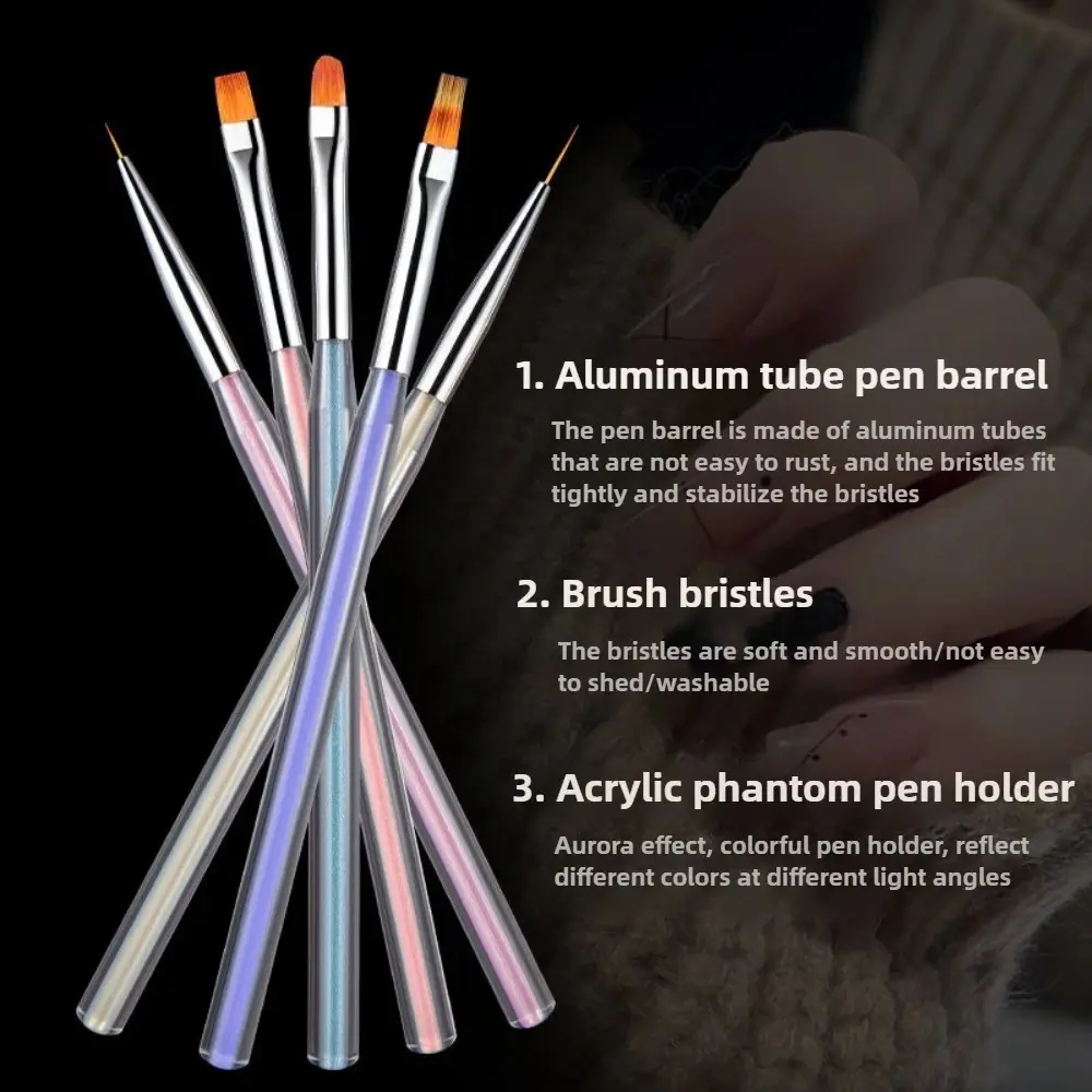 5PCS Aurora Acrylic Nail Brush Set Nail Art Liner DIY Painting Pen Drawing Brush Nail Art Design UV Gel Extension Manicure Tools