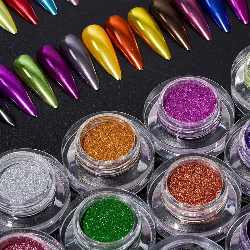 HNDO Chrome Powder Nails Rubbing Glitter Mirror Effect for Professional Manicure Design Colorful Nail Art Metallic Pigment Dust