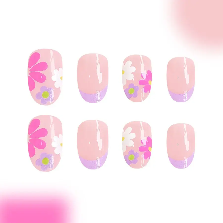 24Pcs Short Almond Press-On Nails Pink Floral French Tip Glossy&Elegant Full Cover Fake Nails for Women&Girls Spring,Daily Wear