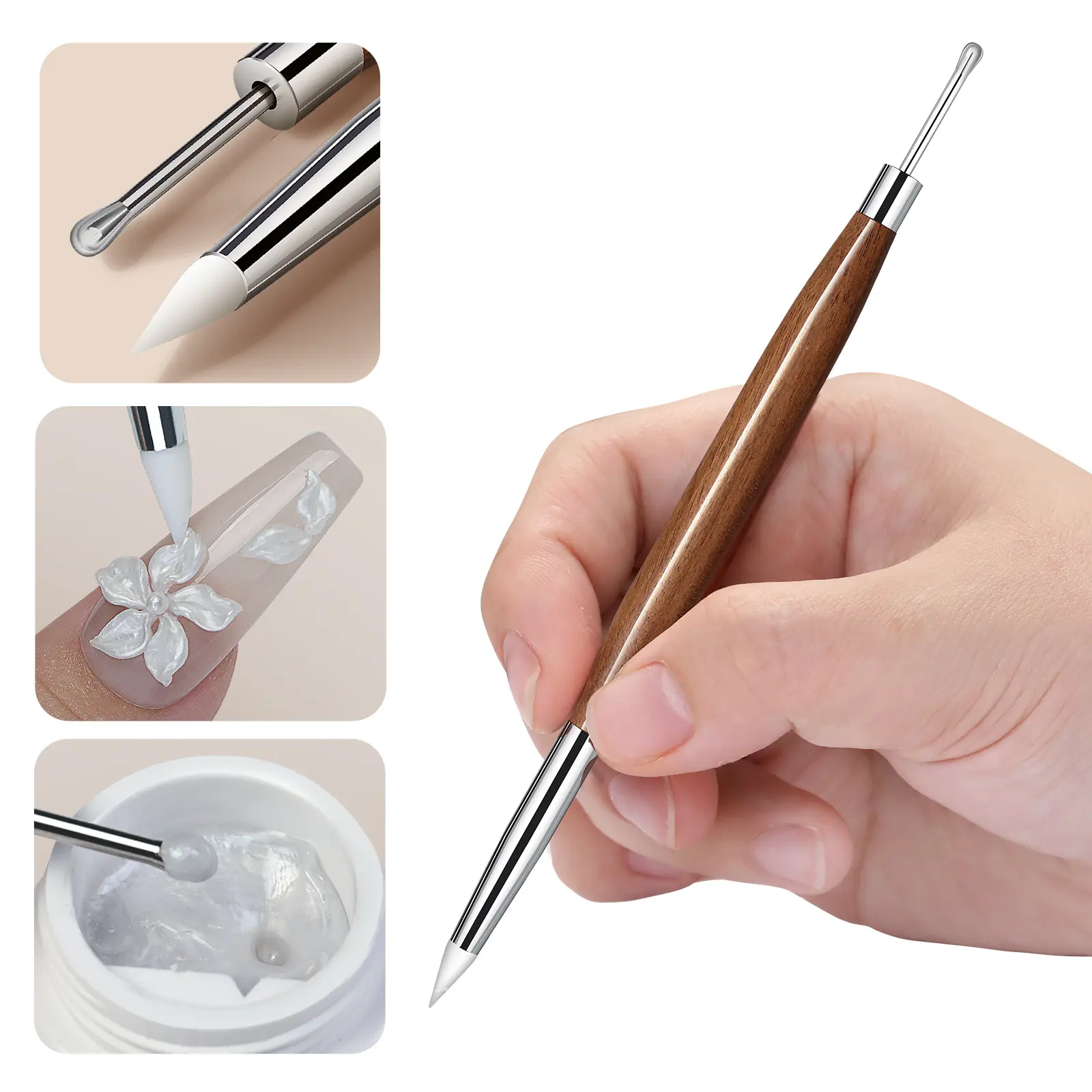 1/2pcs Double-Headed Wooden Nail Art Brush Silicone Scraper Brush Carved Painting Pen Stainless Steel Uv Glue Mixed Diy Nail Art
