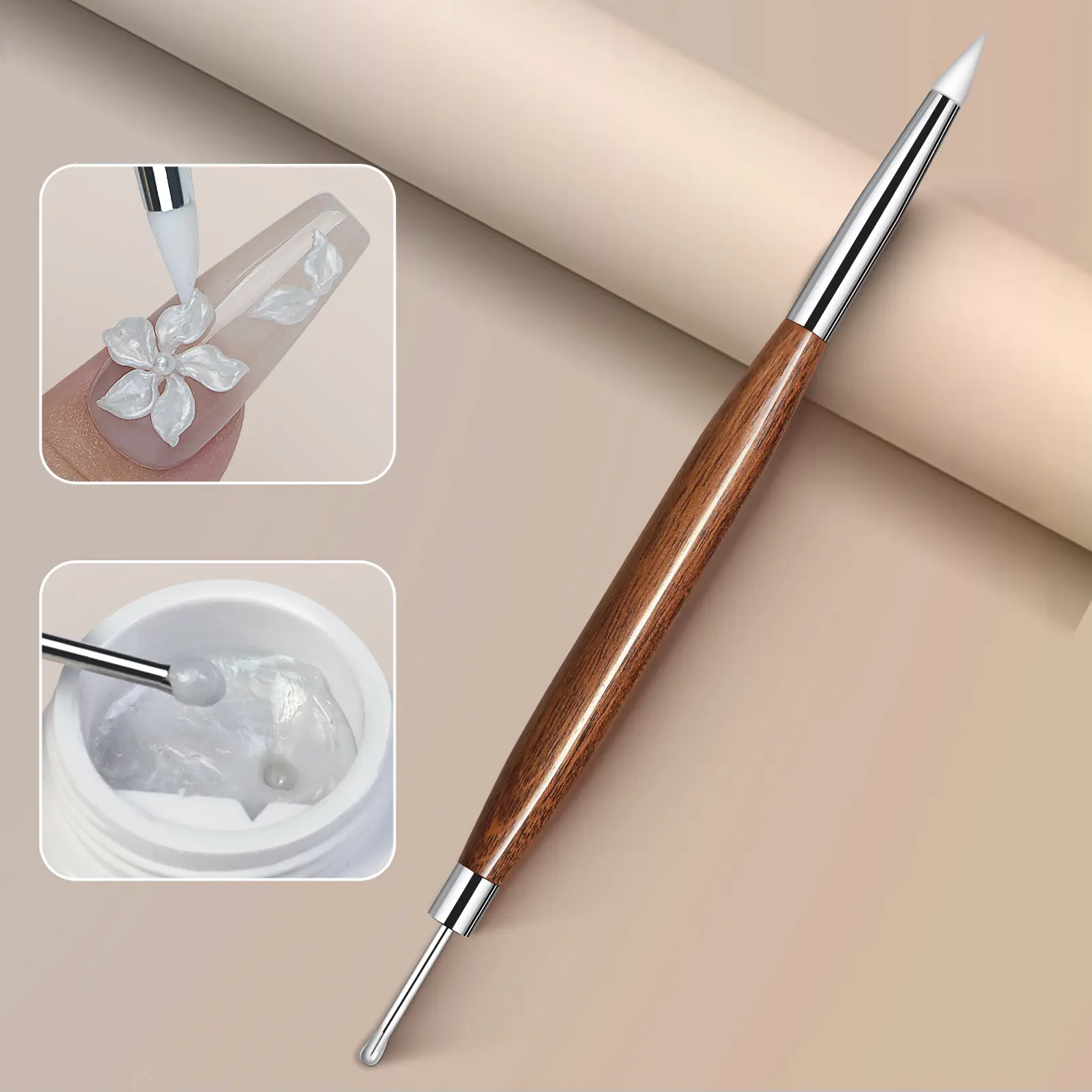 1/2pcs Double-Headed Wooden Nail Art Brush Silicone Scraper Brush Carved Painting Pen Stainless Steel Uv Glue Mixed Diy Nail Art