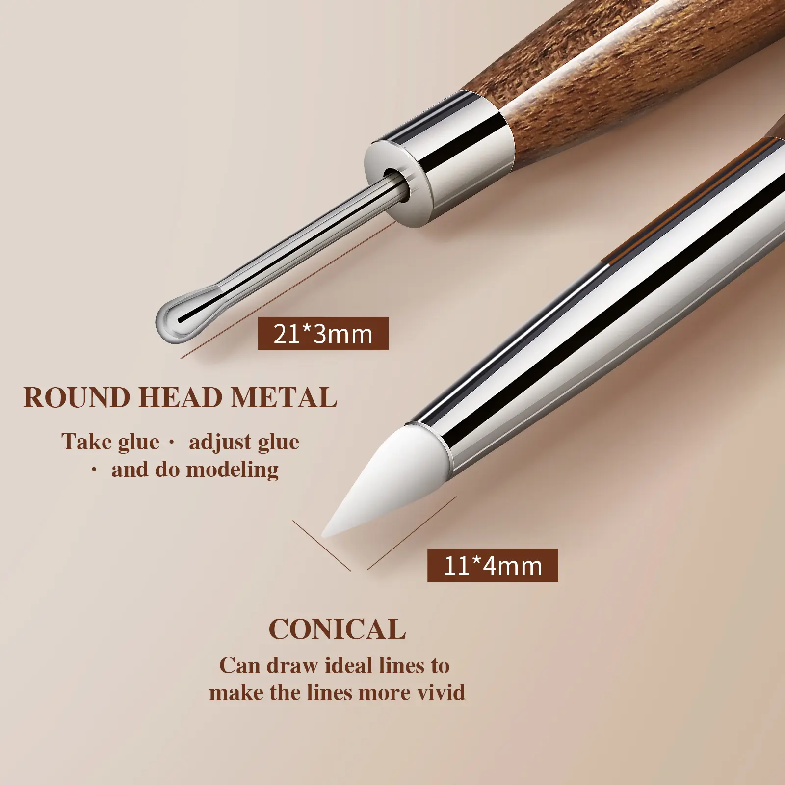 1/2pcs Double-Headed Wooden Nail Art Brush Silicone Scraper Brush Carved Painting Pen Stainless Steel Uv Glue Mixed Diy Nail Art