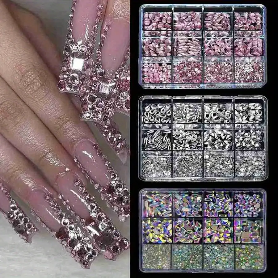 12 Grid/Box 3D Nail Art Alloy Gem Rhinestone Jewelry Charms Heart Crystal Jewelry Stones Supplies For Nails Manicure Decoration