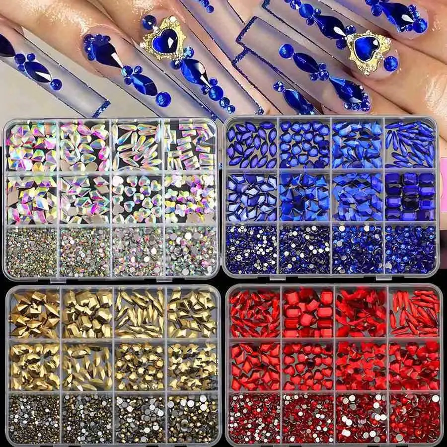 12 Grid/Box 3D Nail Art Alloy Gem Rhinestone Jewelry Charms Heart Crystal Jewelry Stones Supplies For Nails Manicure Decoration