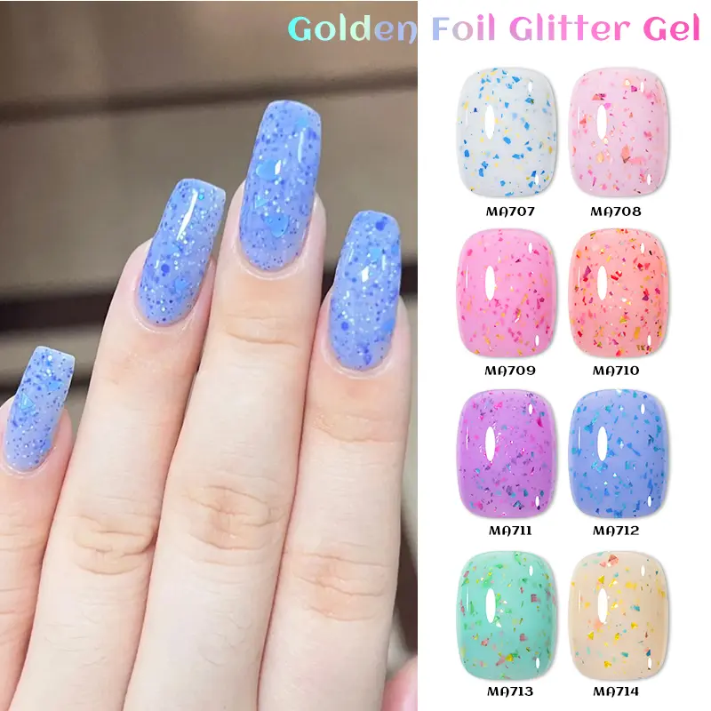 MEET ACROSS 7ml Golden Foil Glitter Gel Nail Polish UV/LED Soak-off Sparkling Foil Sequins Nail Art Gel Manicure Nail Supplies