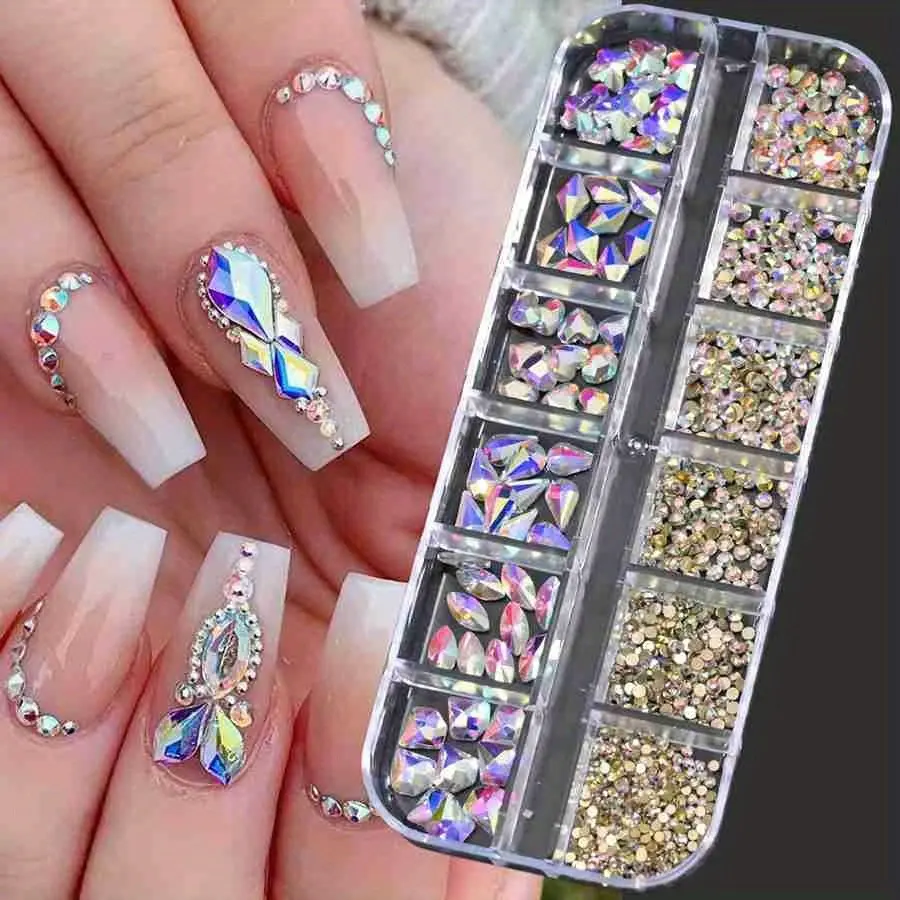 12Grids Pink Clear AB Mixed Nail Rhinestones Luxury Nail Charms 3D Glitter Crystal Jewelry Gems Nail Art Decoration Manicure