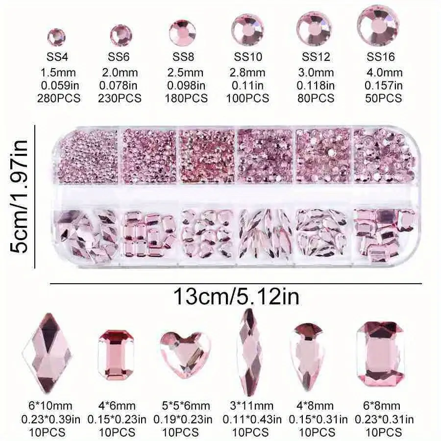 12Grids Pink Clear AB Mixed Nail Rhinestones Luxury Nail Charms 3D Glitter Crystal Jewelry Gems Nail Art Decoration Manicure