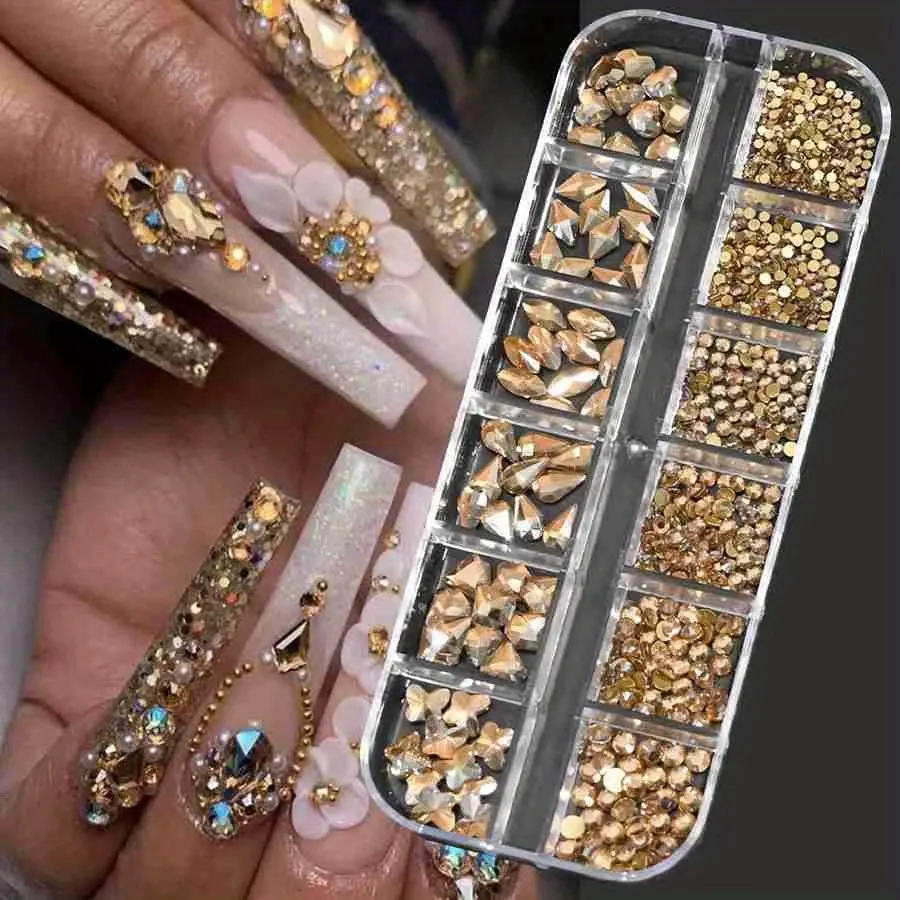 12Grids Pink Clear AB Mixed Nail Rhinestones Luxury Nail Charms 3D Glitter Crystal Jewelry Gems Nail Art Decoration Manicure