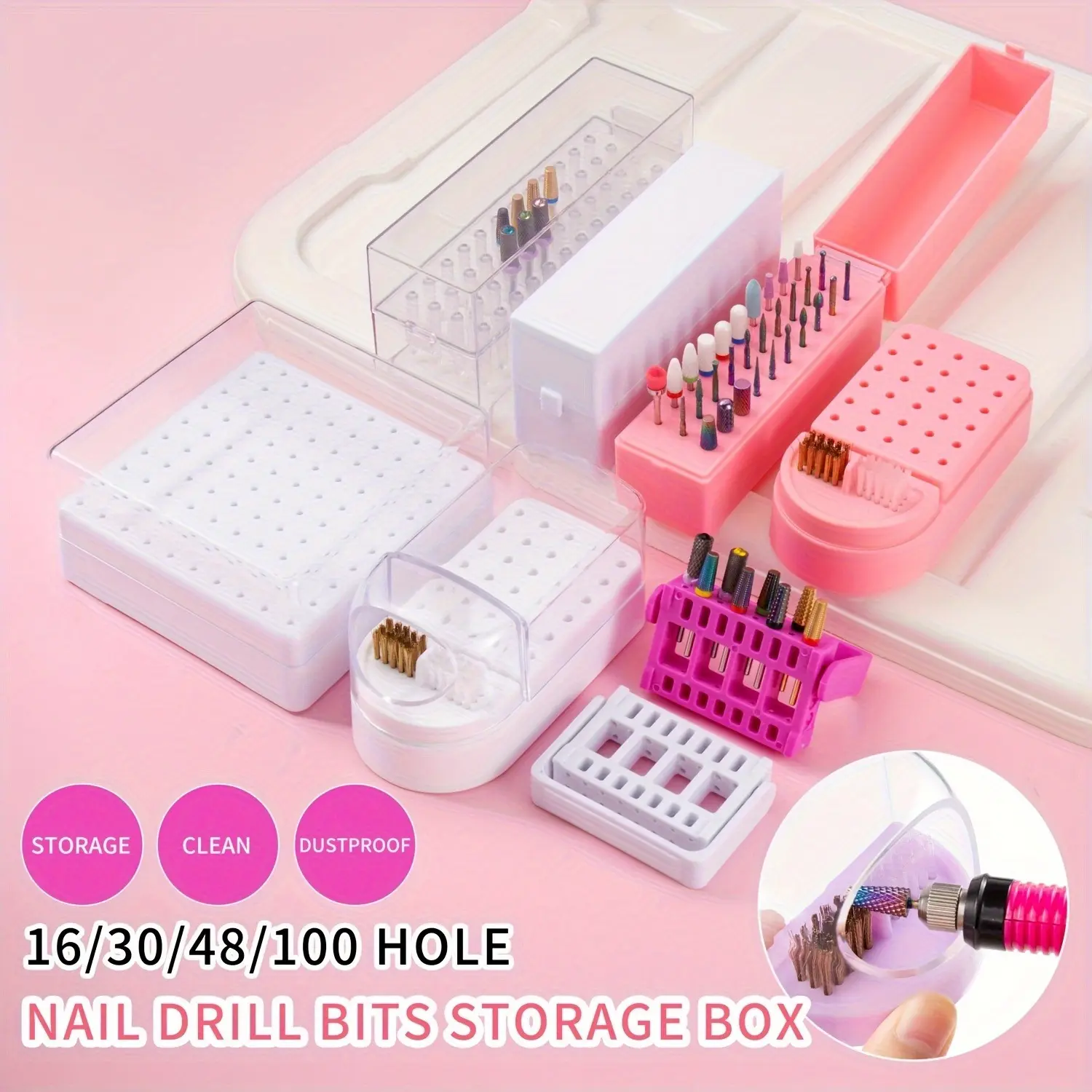 30/100 Hole 1PC of Various Styles Portable Organizer for Storing And Organizing Nail Drill Bits, Featuring a Dustproof Base