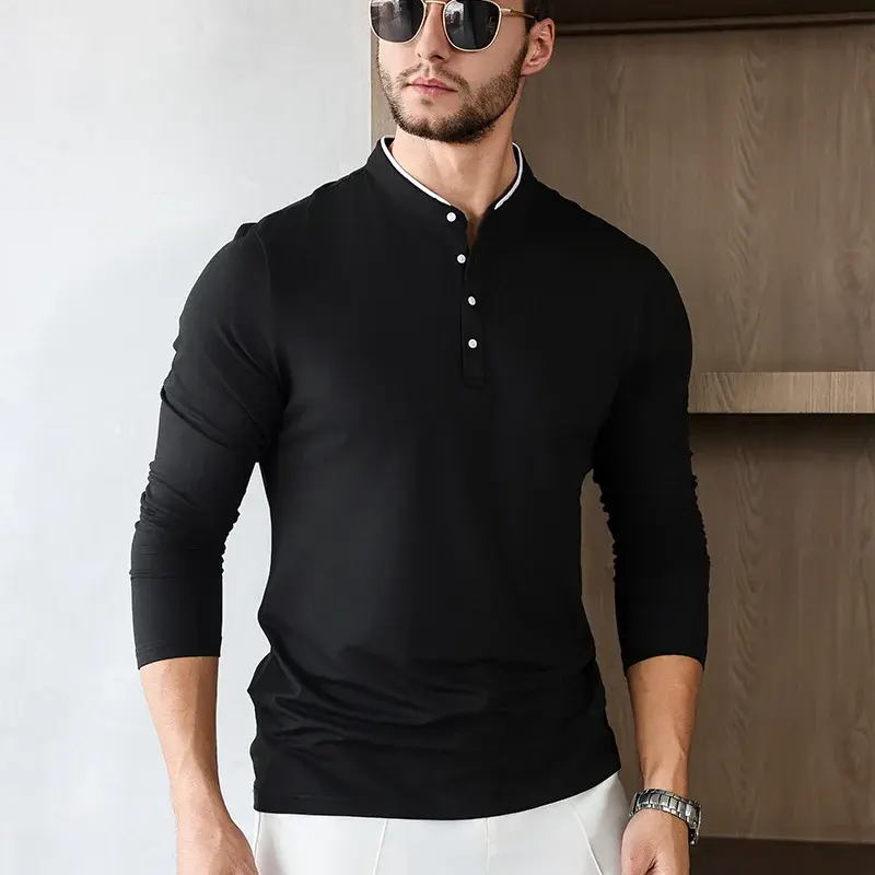 2025 New Men's Casual and Fashionable Solid Color Long Sleeved Stand Up Collar T-shirt Summer Versatile and Comfortable Top