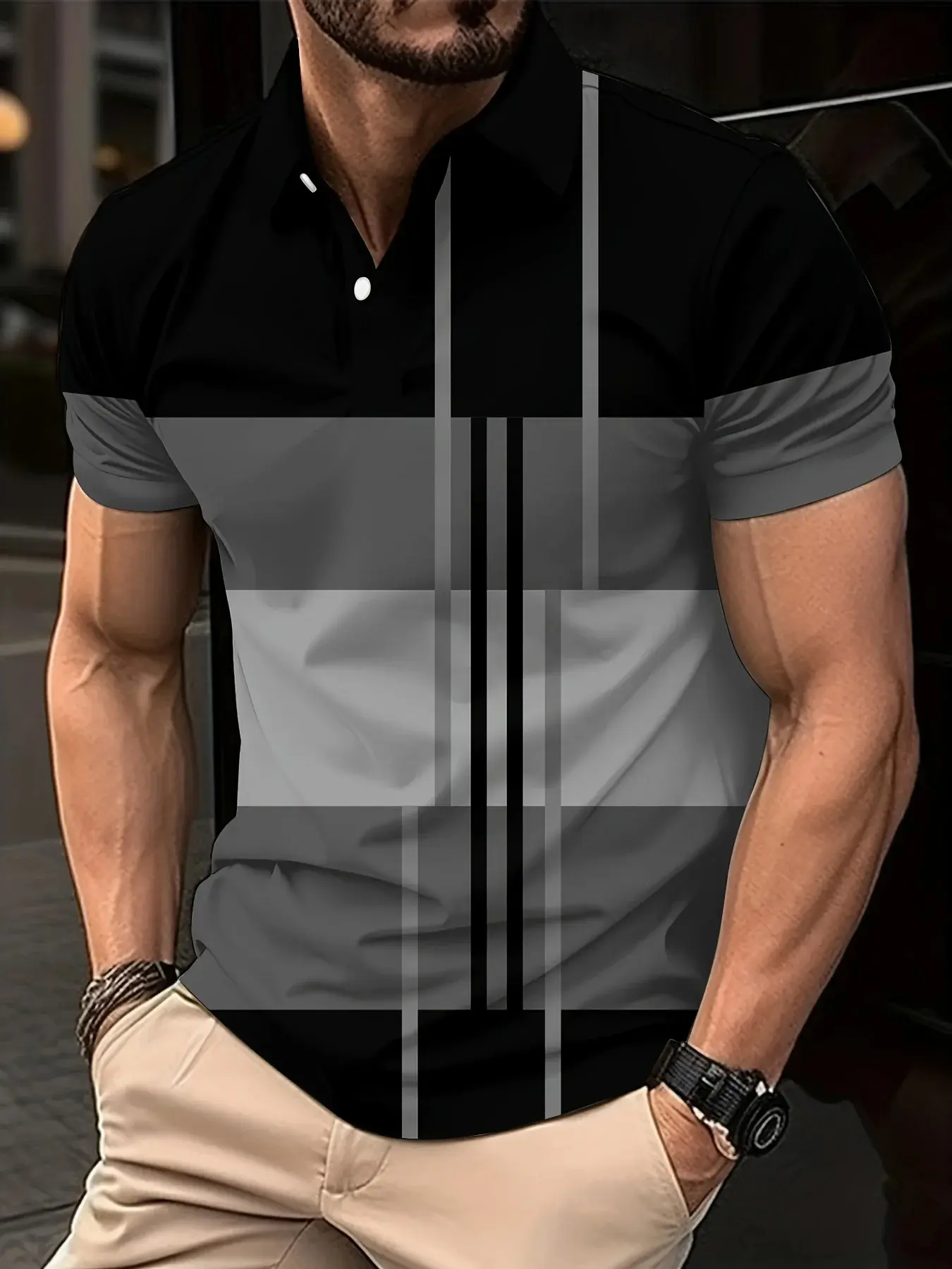 Male Golf Stripe Polo Men's Casual Short-Sleeved Polo Shirt Solid Color Lapel Fashion New Business Sports Breathable Shirt Tops
