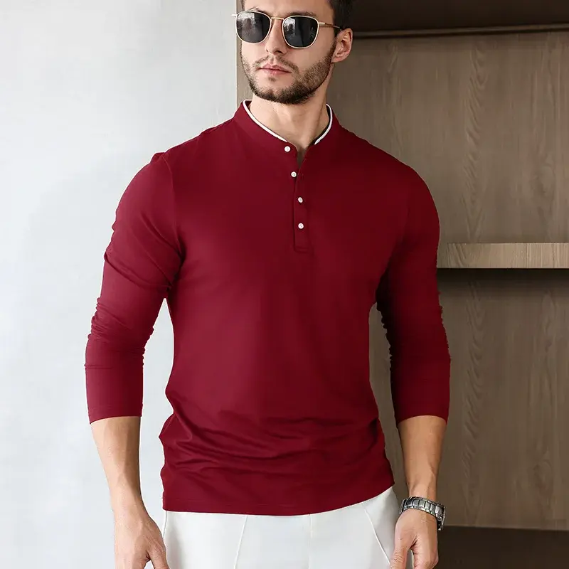 2025 New Men's Casual and Fashionable Solid Color Long Sleeved Stand Up Collar T-shirt Summer Versatile and Comfortable Top