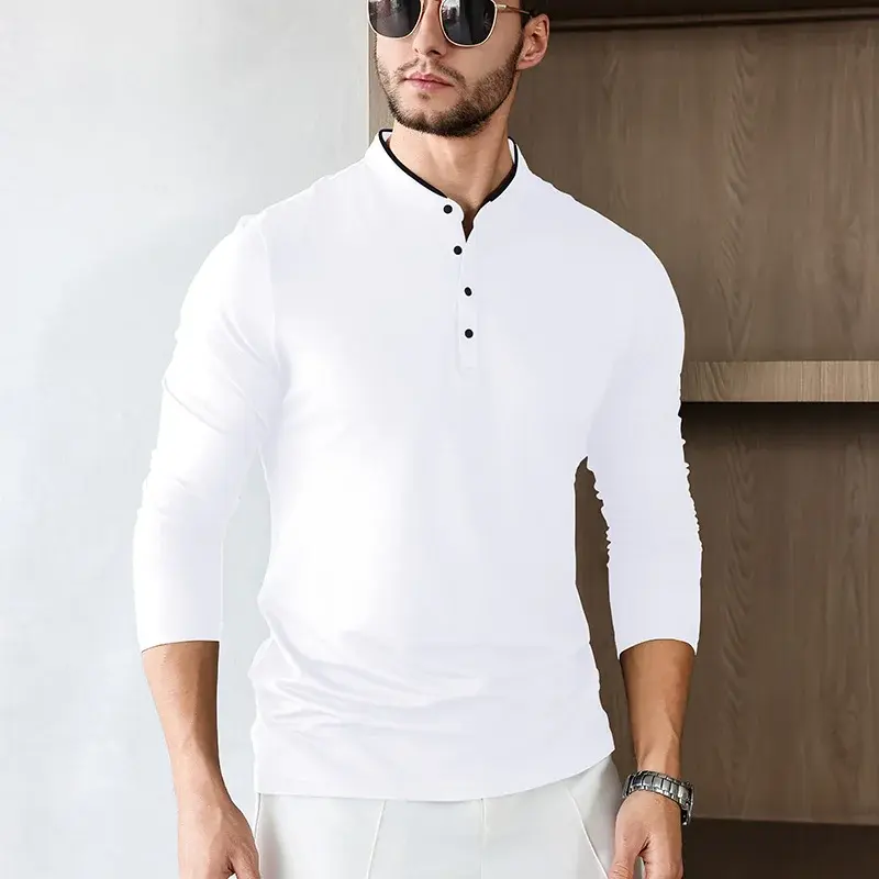 2025 New Men's Casual and Fashionable Solid Color Long Sleeved Stand Up Collar T-shirt Summer Versatile and Comfortable Top