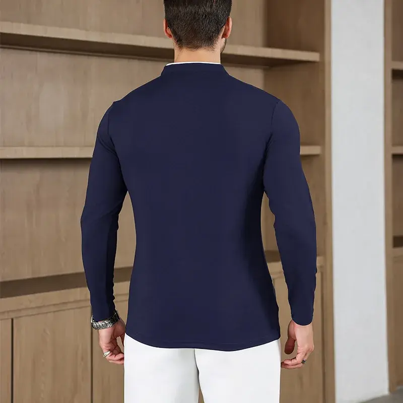 2025 New Men's Casual and Fashionable Solid Color Long Sleeved Stand Up Collar T-shirt Summer Versatile and Comfortable Top