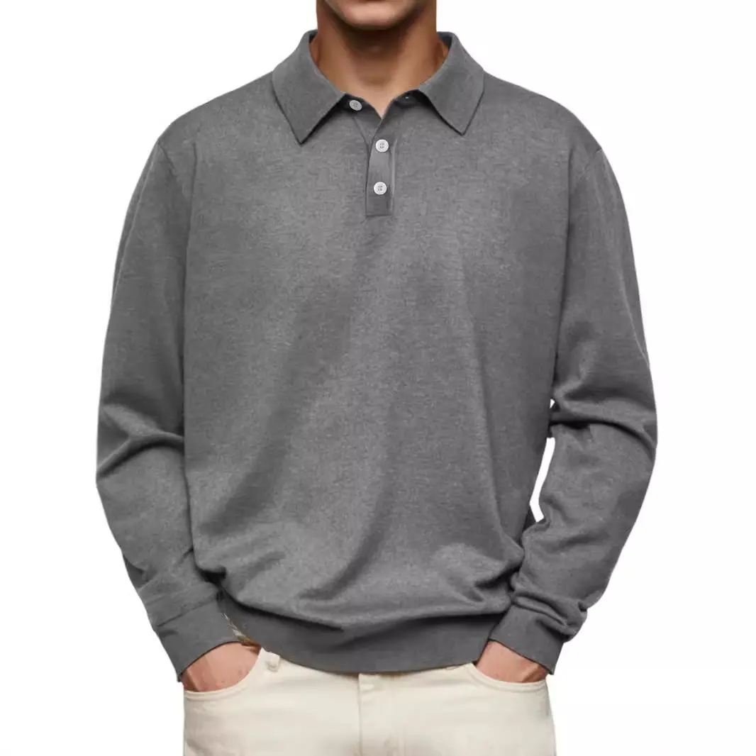 2025 Men's T-shirt Lapel POLO Long Sleeve Button Top Business Fashion Brown Pullover for Male