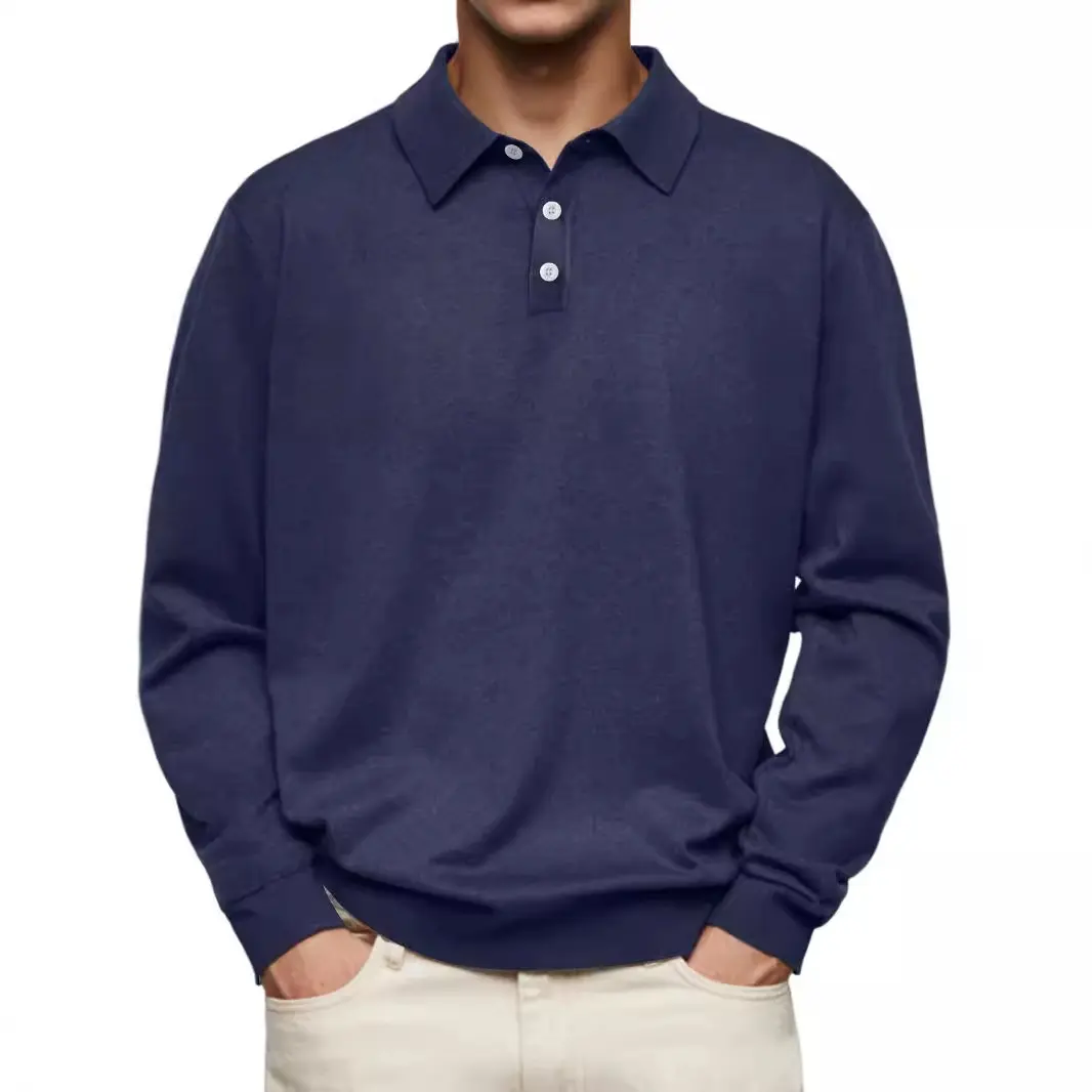 2025 Men's T-shirt Lapel POLO Long Sleeve Button Top Business Fashion Brown Pullover for Male