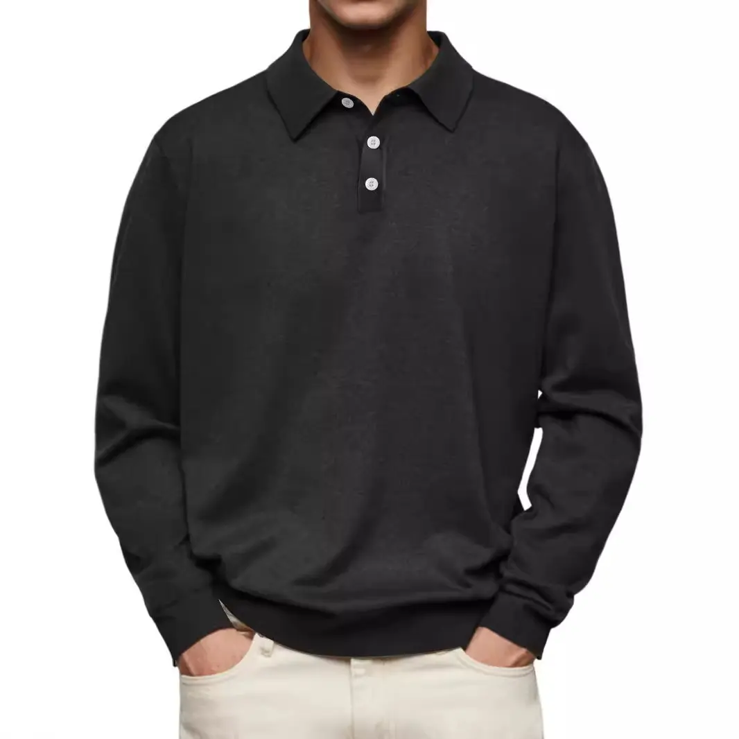 2025 Men's T-shirt Lapel POLO Long Sleeve Button Top Business Fashion Brown Pullover for Male