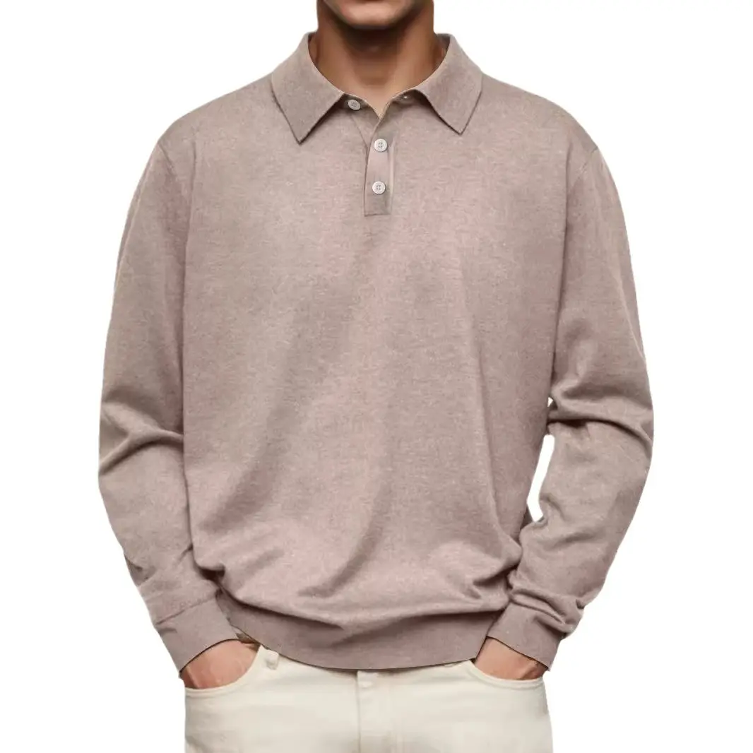 2025 Men's T-shirt Lapel POLO Long Sleeve Button Top Business Fashion Brown Pullover for Male
