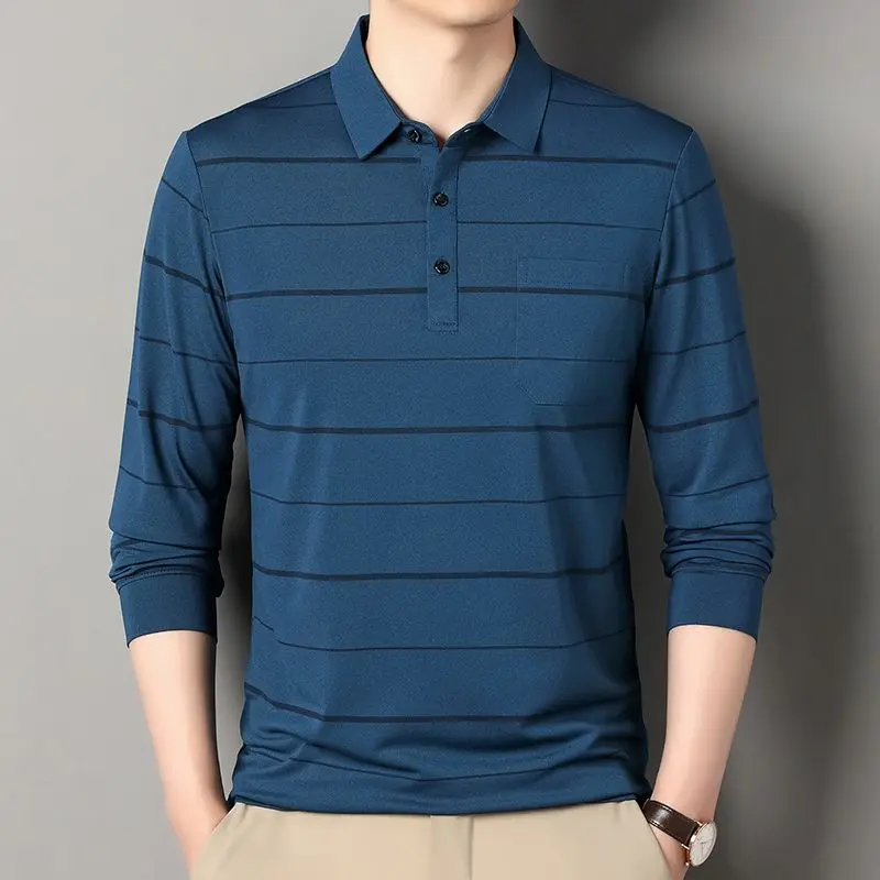 Men's Long-sleeved POLO Shirt Striped Middle-aged Real Pocket Daddy's T-shirt Base Shirt Skin-friendly
