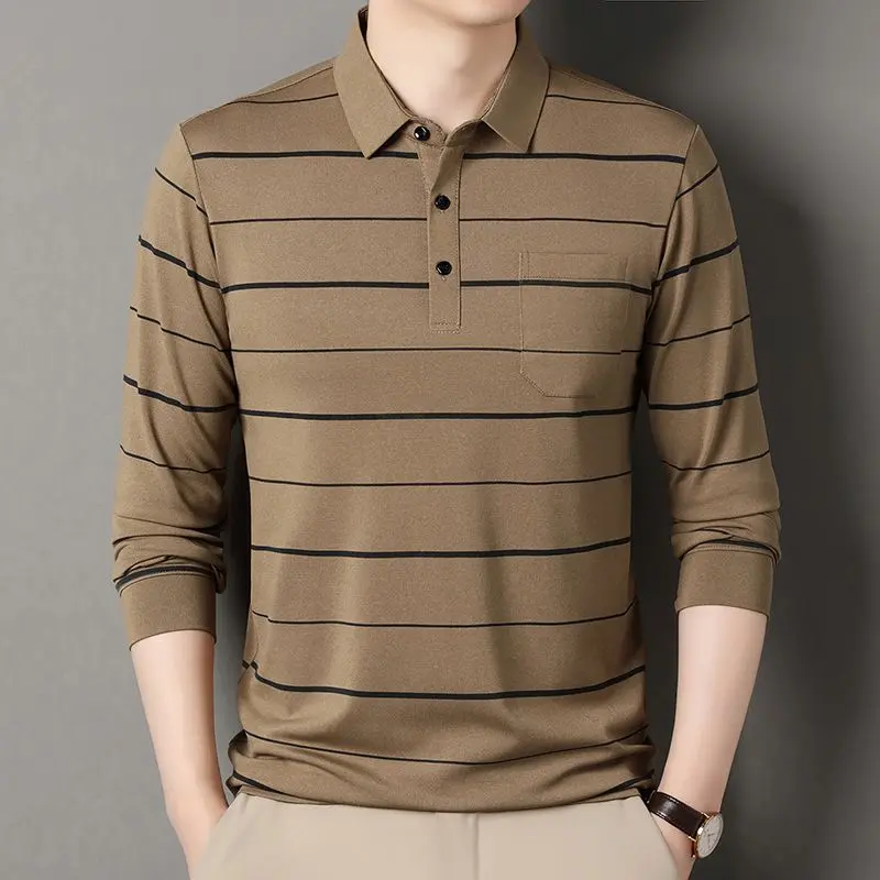 Men's Long-sleeved POLO Shirt Striped Middle-aged Real Pocket Daddy's T-shirt Base Shirt Skin-friendly