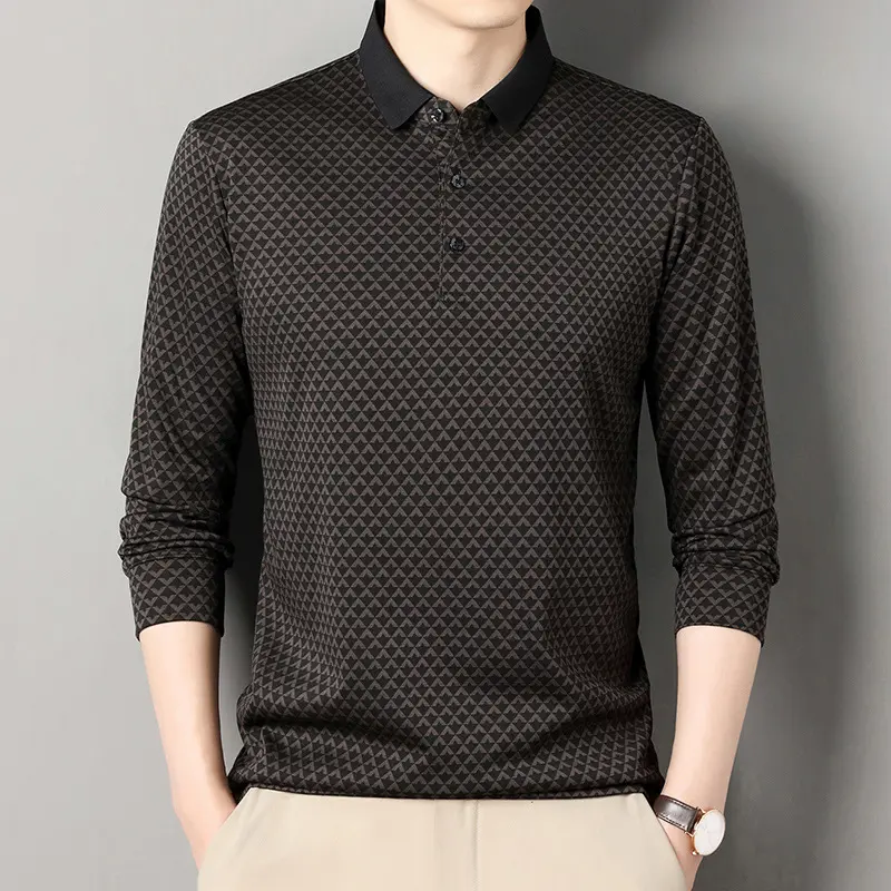 Autumn New Men's Lapel Long Sleeve POLO Shirt Fashion Business Casual Middle-aged Printed T-shirt