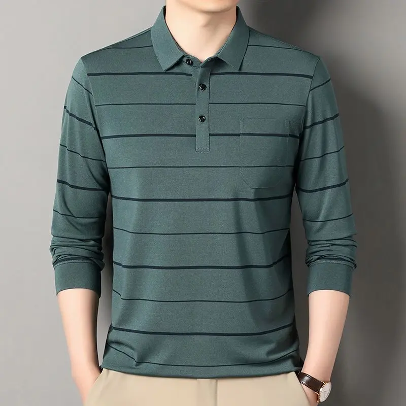 Men's Long-sleeved POLO Shirt Striped Middle-aged Real Pocket Daddy's T-shirt Base Shirt Skin-friendly