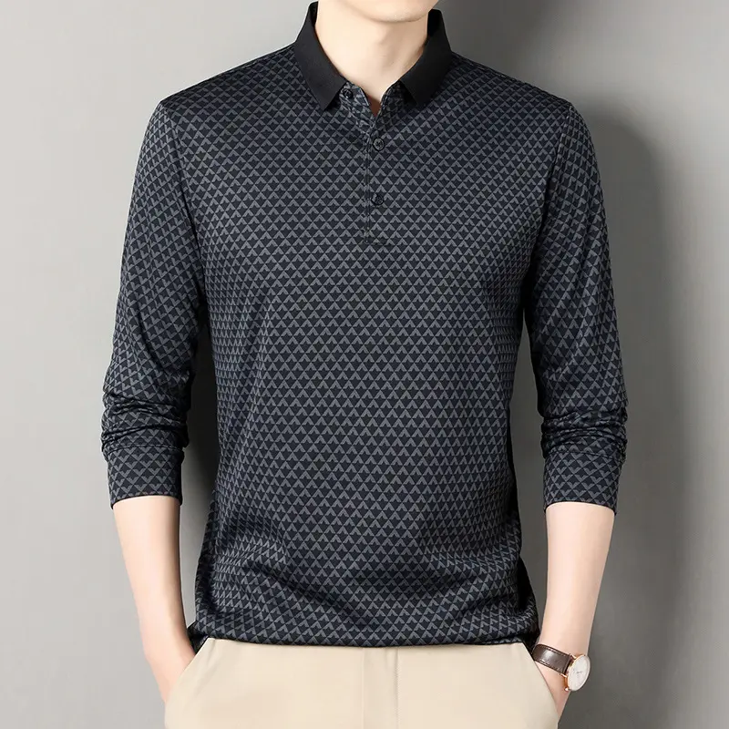 Autumn New Men's Lapel Long Sleeve POLO Shirt Fashion Business Casual Middle-aged Printed T-shirt