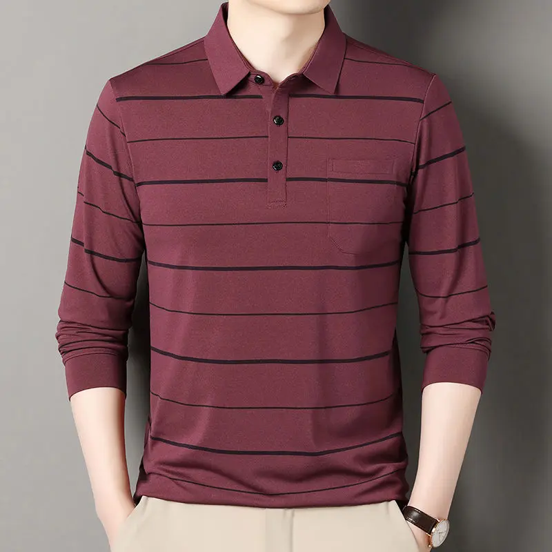 Men's Long-sleeved POLO Shirt Striped Middle-aged Real Pocket Daddy's T-shirt Base Shirt Skin-friendly