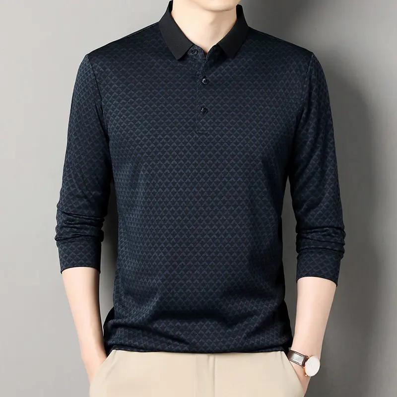 Autumn New Men's Lapel Long Sleeve POLO Shirt Fashion Business Casual Middle-aged Printed T-shirt