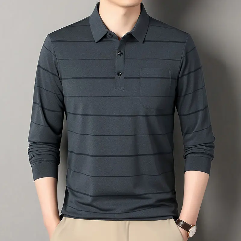 Men's Long-sleeved POLO Shirt Striped Middle-aged Real Pocket Daddy's T-shirt Base Shirt Skin-friendly