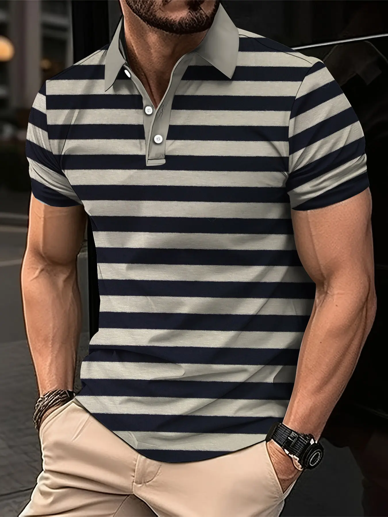 Men's Short Clothes Sleeved Lapel 3D Digital Printed Striped Polo Shirt Summer  Man's Business Casual Top Clothes Oversized