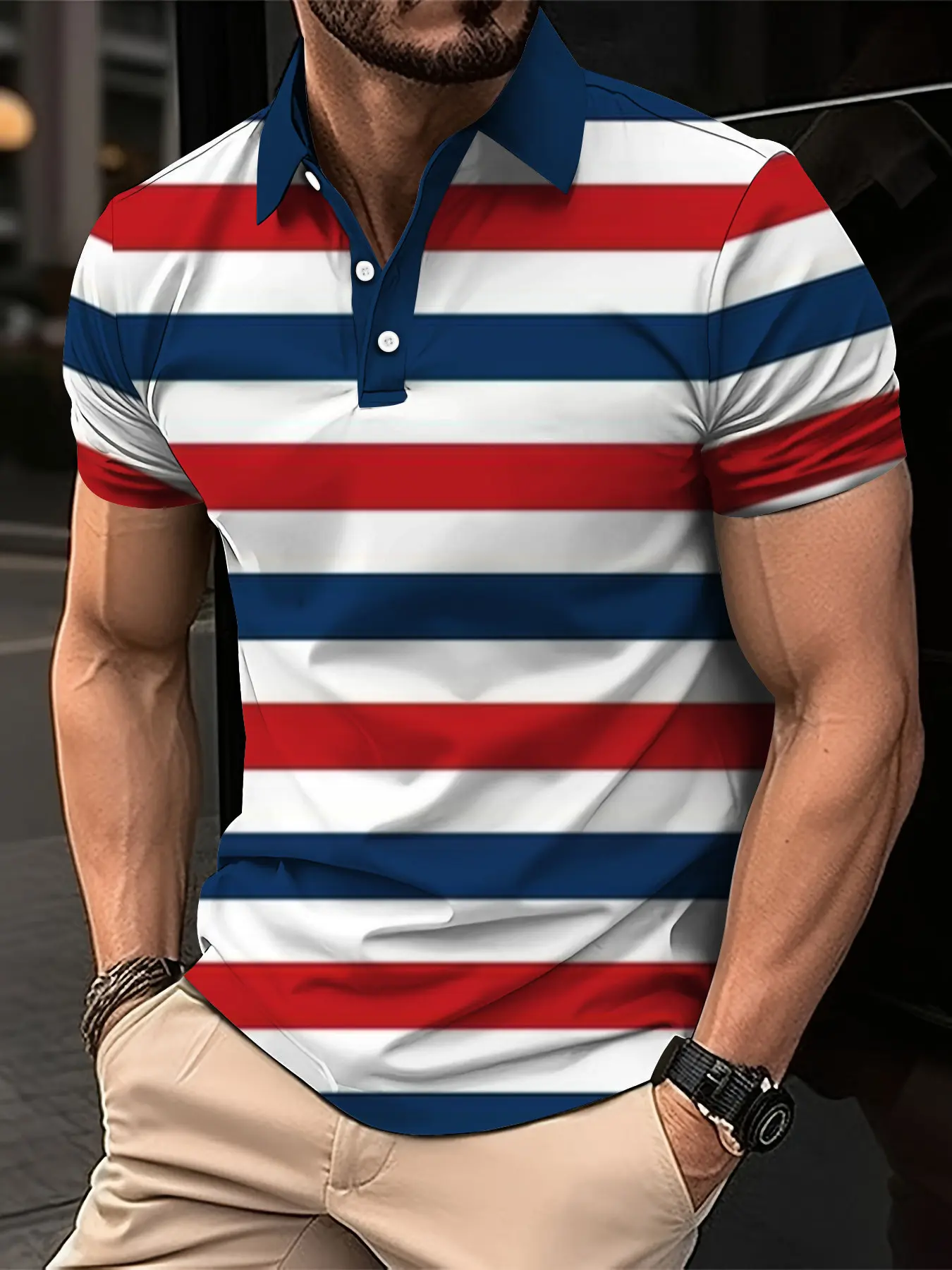 Men's Short Clothes Sleeved Lapel 3D Digital Printed Striped Polo Shirt Summer  Man's Business Casual Top Clothes Oversized
