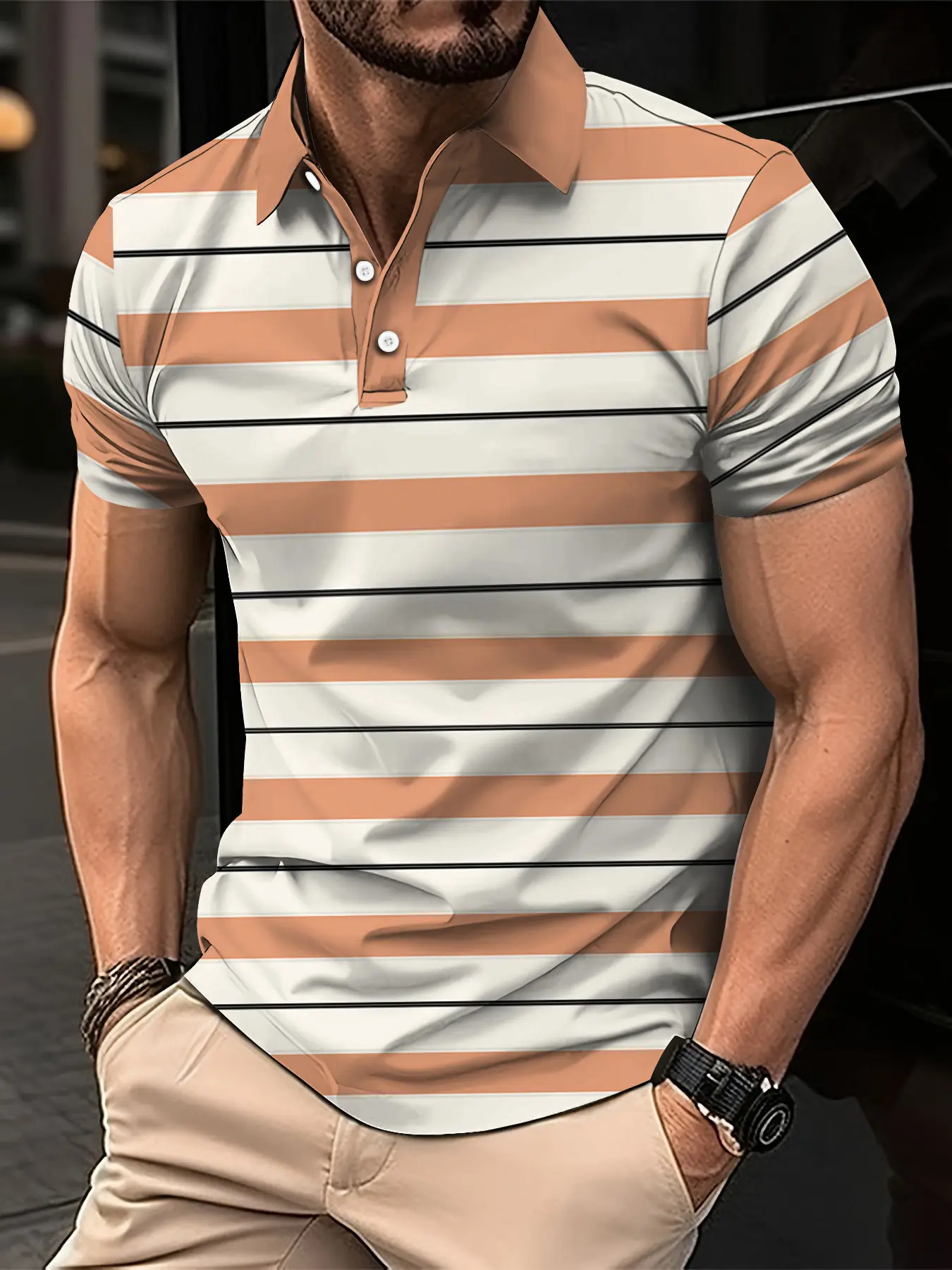 Men's Short Clothes Sleeved Lapel 3D Digital Printed Striped Polo Shirt Summer  Man's Business Casual Top Clothes Oversized