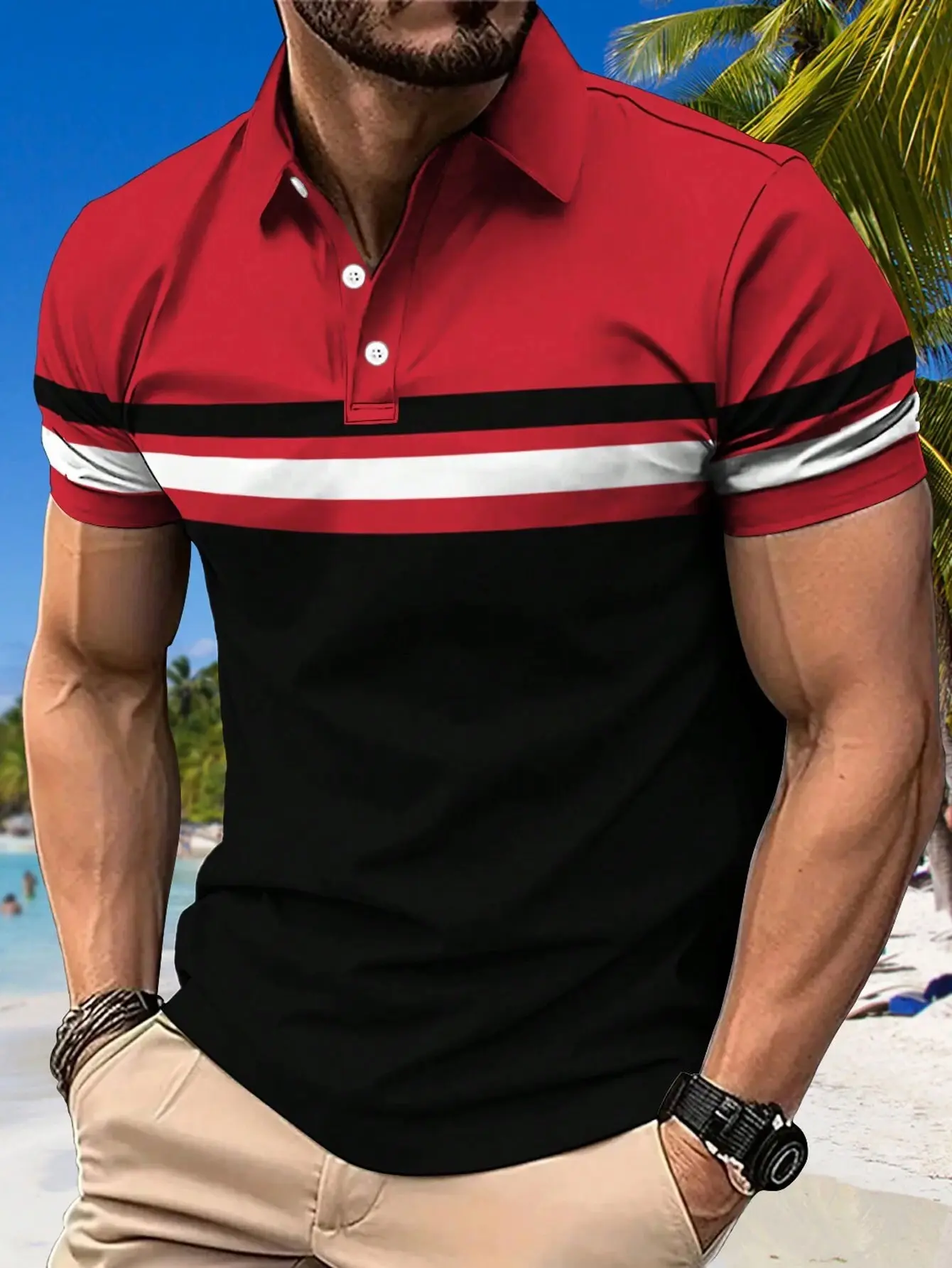 Men's Polo Shirt Button Collar Short Sleeve Pullover Summer Casual Sports Solid Color Striped Lapel Trend Men's T Shirt Tops