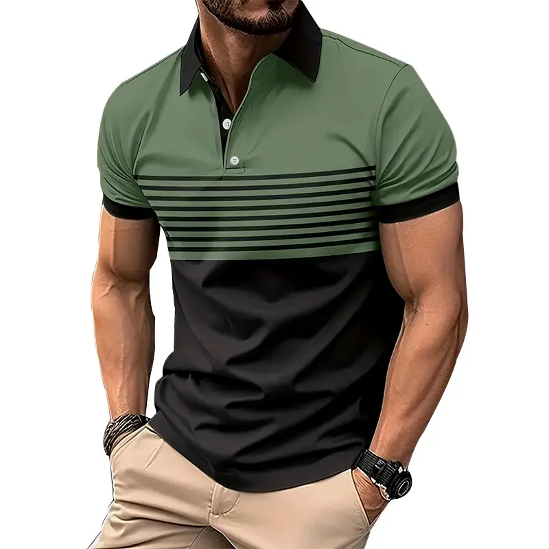 New Summer Men Casual Short Sleeve Lapel Business Polo Shirt 3D Digital Print Stripe Polo Shirt Sport Button Pullover Tops