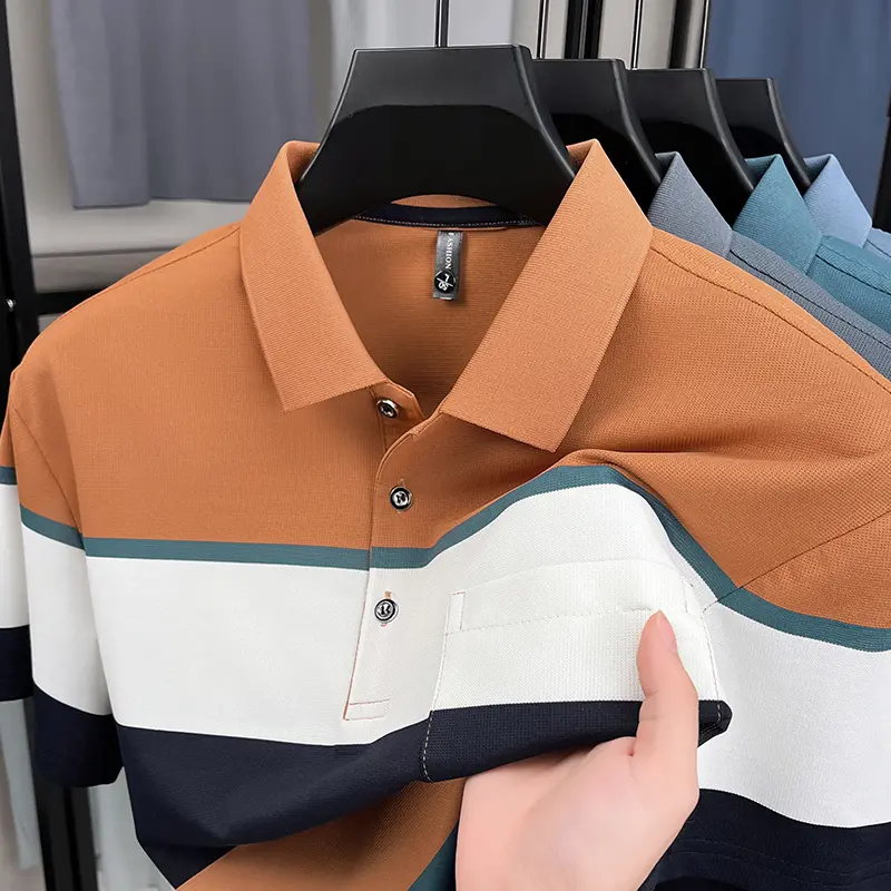 Fashion luxury striped short sleeve polo shirt summer new trend pocket design comfortable breathable Korean casual golf T-shirt
