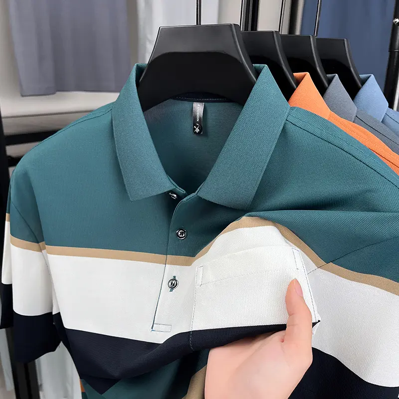Fashion luxury striped short sleeve polo shirt summer new trend pocket design comfortable breathable Korean casual golf T-shirt