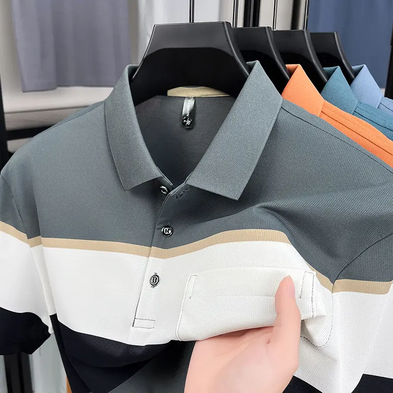 Fashion luxury striped short sleeve polo shirt summer new trend pocket design comfortable breathable Korean casual golf T-shirt
