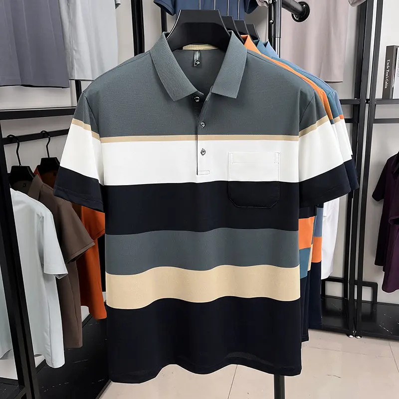 Fashion luxury striped short sleeve polo shirt summer new trend pocket design comfortable breathable Korean casual golf T-shirt