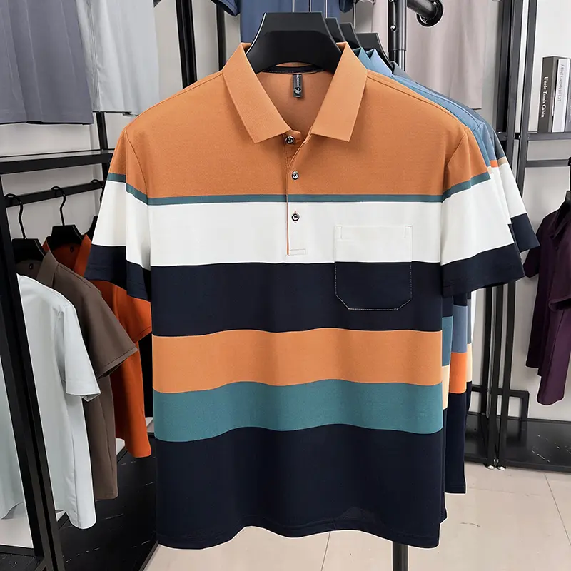 Fashion luxury striped short sleeve polo shirt summer new trend pocket design comfortable breathable Korean casual golf T-shirt
