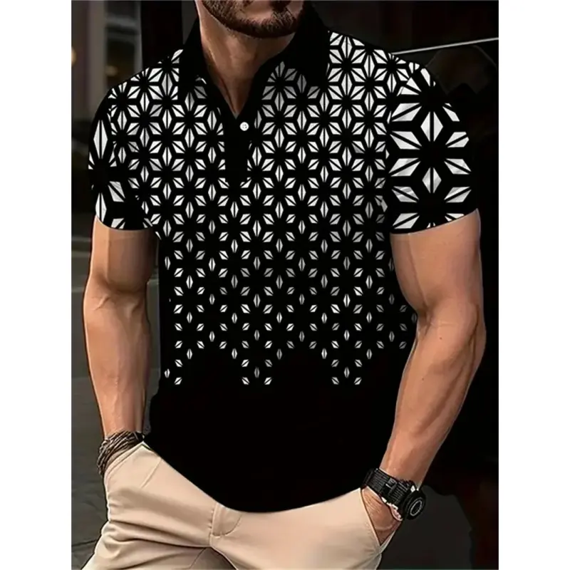 Retro Geometry Polo Shirt For Men Colorful Stripes Pattern 3D Printed T-Shirts Summer Loose Lapel Top Button Short Sleeve Tees