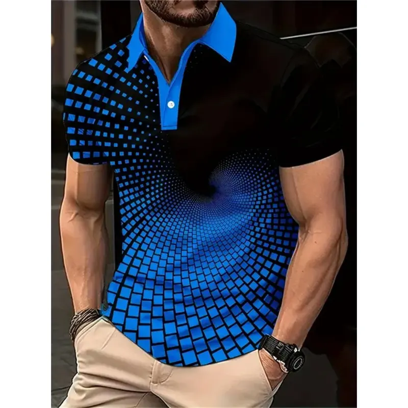 Retro Geometry Polo Shirt For Men Colorful Stripes Pattern 3D Printed T-Shirts Summer Loose Lapel Top Button Short Sleeve Tees