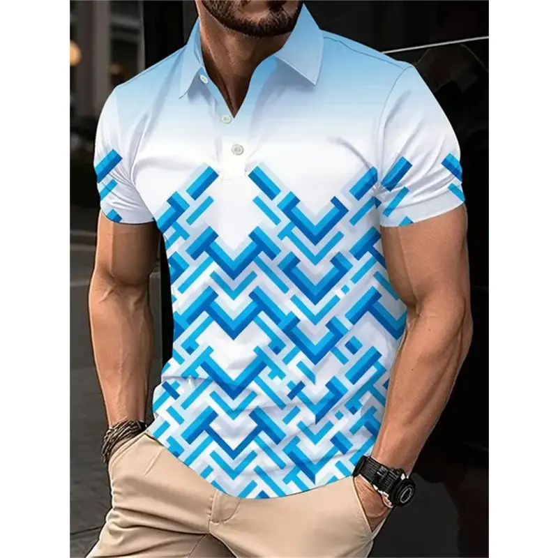 Retro Geometry Polo Shirt For Men Colorful Stripes Pattern 3D Printed T-Shirts Summer Loose Lapel Top Button Short Sleeve Tees
