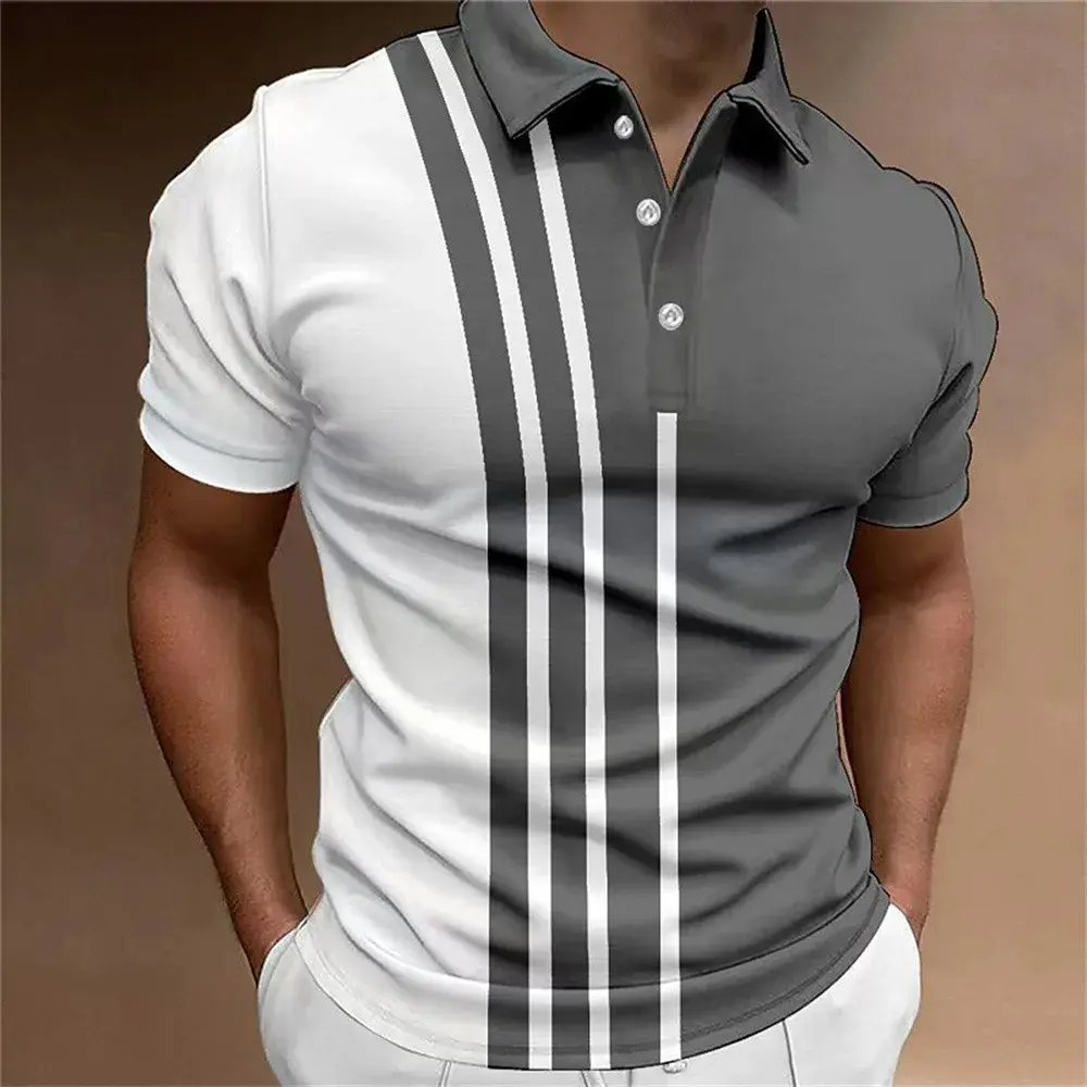 Best-selling Men's Button Polo Shirt Collar Short-sleeved Pullover Sports Summer Casual Button Striped Collar Trend T-shirt Tops