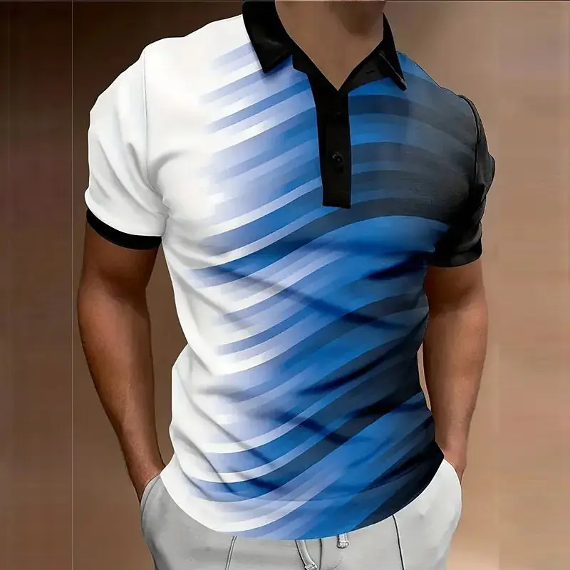 Gradient Men's Fashion Polos T-Shirts Summer Short Sleeve 3D Striped Print Street POLO T Shirt 6XL Plus Size Casual Tops