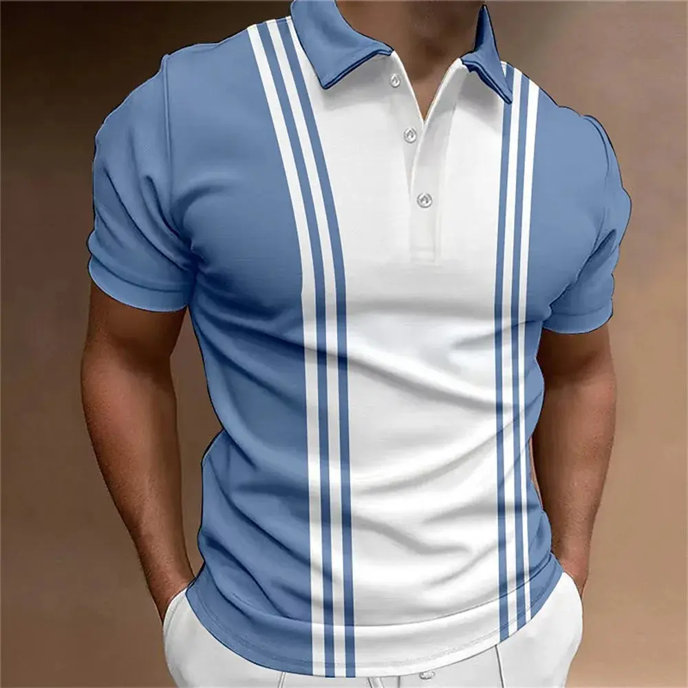 Best-selling Men's Button Polo Shirt Collar Short-sleeved Pullover Sports Summer Casual Button Striped Collar Trend T-shirt Tops