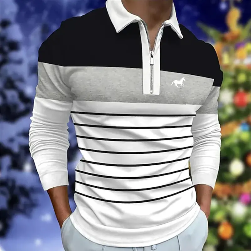 Spring Autumn New Men Clothes Long Sleeve Zipper Stripe Polo Shirt Men Sport Quick Drying Polyester Turn-down Collar Polo Shirt