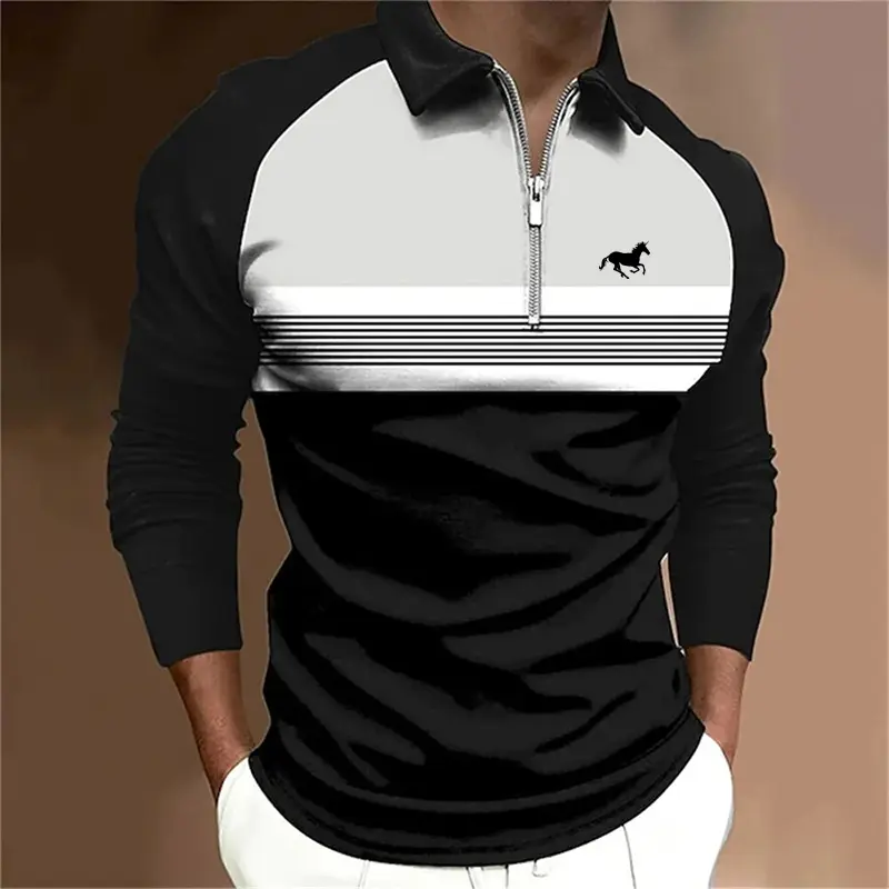 Spring Autumn New Men Clothes Long Sleeve Zipper Stripe Polo Shirt Men Sport Quick Drying Polyester Turn-down Collar Polo Shirt