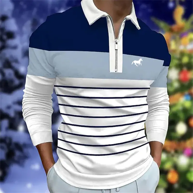 Spring Autumn New Men Clothes Long Sleeve Zipper Stripe Polo Shirt Men Sport Quick Drying Polyester Turn-down Collar Polo Shirt